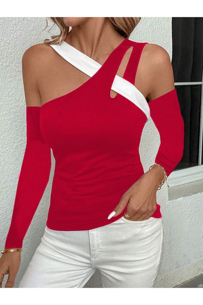 Trendusfashion Off-The-Shoulder Detail Cross Strap Long Sleeve Viscose Fabric Blouse