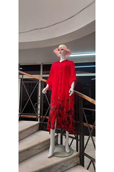 Bohem Stil Bohomiyan  İtalyan Uzun Dijital Çiçek Baskılı Keten Gömlek Elbise ...