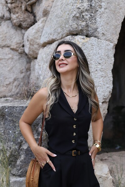 bytugcekaya Льняний чорний жилет - дизайн з вирізом на спині