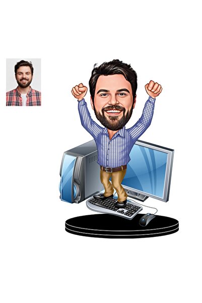 wonderlike Kişiye Özel Bilgisayar ile Çalışan Bay Figürlü 3D Ahşap Biblo