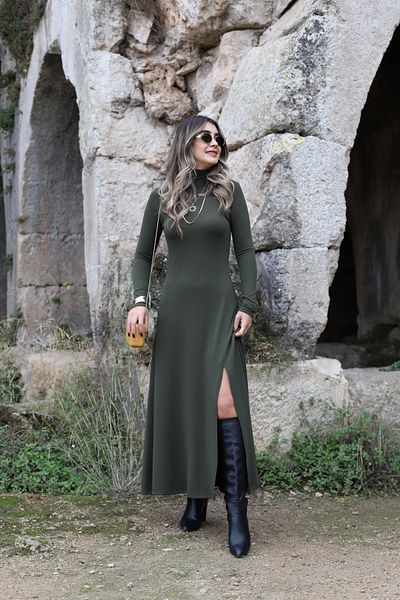 bytugcekaya Πράσινο μπροστινό σκίσιμο μισό φόρεμα ψαρά
