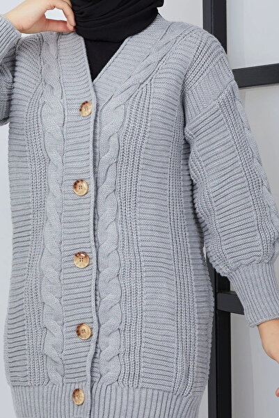 LUGMO Kadın Triko Hırka Akrilik Iplik 80 Cm Saç Örgülü Gri