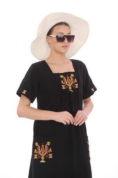Bohem Stil Rochie de lin brodată cu guler rotund cu jumatate de Mânecă