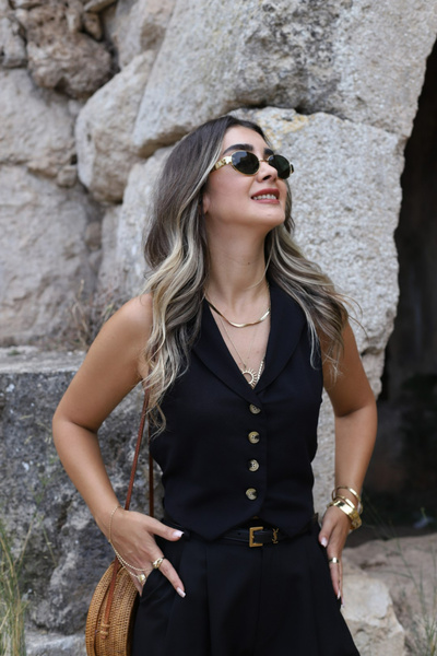 bytugcekaya Льняний чорний жилет - дизайн з вирізом на спині