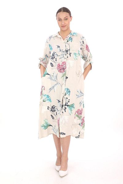 Bohem Stil Bohomian Italian Long Digital Floral Printed Linen Shirt Dress & Cap