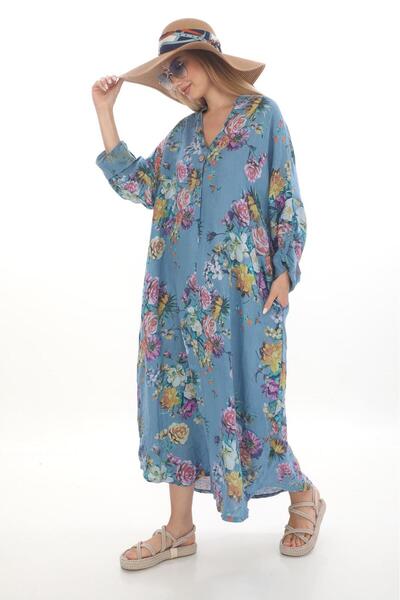 Bohem Stil Rochie cămașă cu decolteu în V din in, cu imprimeu digital, italia...