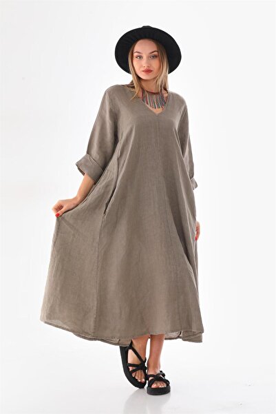 Bohem Stil İtalyan V yaka Uzun Kol Keten Elbise
