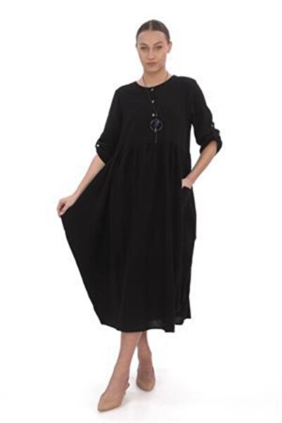 Bohem Stil Φόρεμα από λινό μπαλόνι με στρογγυλή λαιμόκοψη