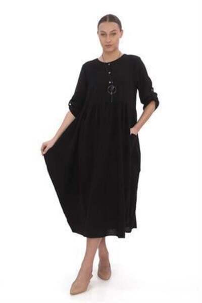 Bohem Stil Uzun Kol Yuvarlak Yaka Keten Balon Elbise