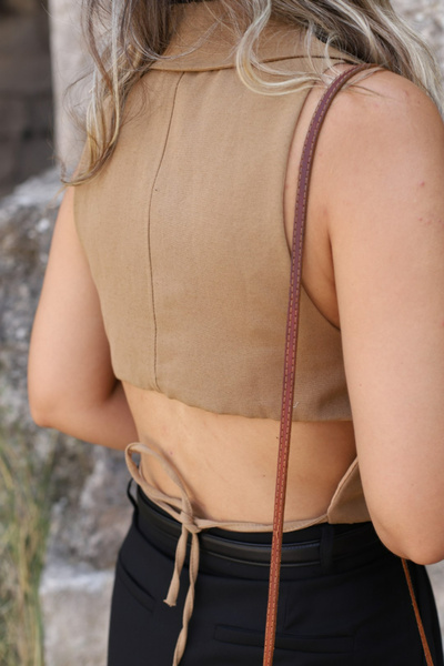 bytugcekaya Λινό Καφέ Γιλέκο - Πίσω Χαμηλό Σχέδιο