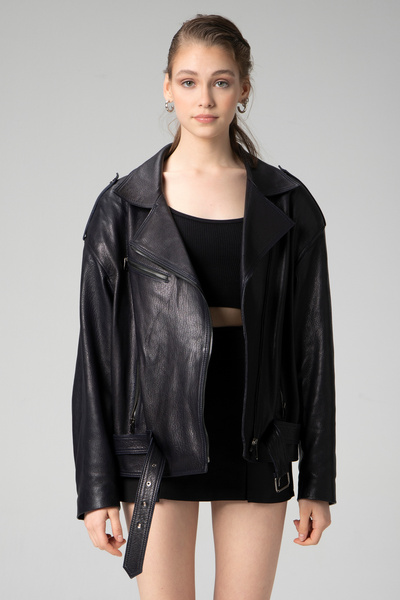 Dericlub Pamela Unisex Jumbo Oversize Biker Hakiki Deri Mont Lacivert