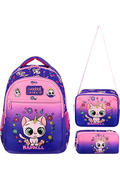 Waddell Purple Cat Pattern Licensed Primary School Bag - Nutrition and Pen Holder Set