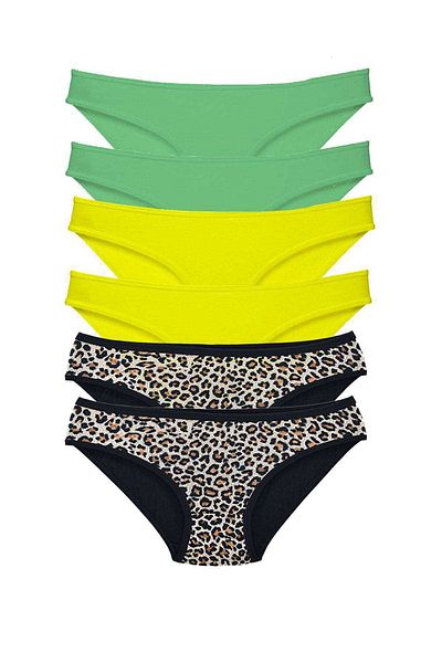 Ethab Ticaret 6 Pieces Lycra Women's Slip Panties Leopard Green Yellow