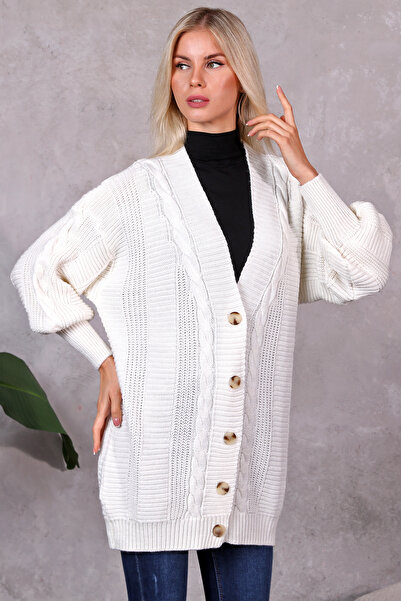 LUGMO Women's Knitwear Cardigan Acrylic Thread 80 cm Hair Braided Ecru (80cm)