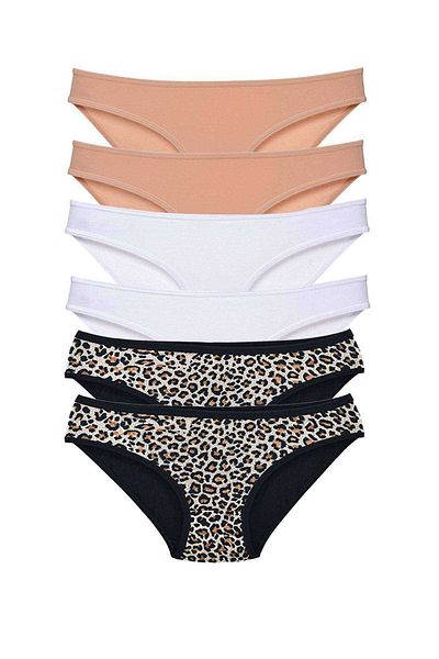 sedustore 6 Pieces Leopard Patterned Lycra Women's Slip Panties - Skin White