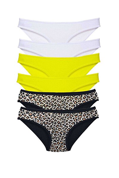 EGE YELİ 6 Pieces Lycra Women's Slip Panties Leopard White Yellow