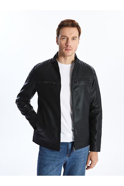 LC Waikiki Lcwaikiki Classic - New Black Men's Leather Look Coat, Stand Collar