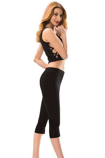 Ethab Ticaret Black Kota Women's Capri Sports Lycra Plain Leggings - 4005