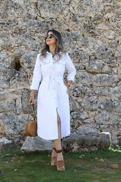 bytugcekaya Λευκό μακρύ τζιν φόρεμα με ζώνη με τσέπες