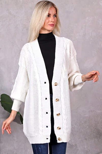 LUGMO Women's Knitwear Cardigan Acrylic Thread 80 cm Hair Braided Ecru (80cm)