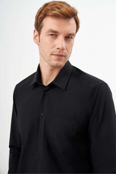 Morven Men's Black Basic Plain Pattern Pocketed Hard Collar Regular Fit Shirt