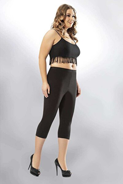 Genel Markalar Kota Büyük Beden Kadın Kapri Sporcu Likralı Düz Tayt Siyah 4005