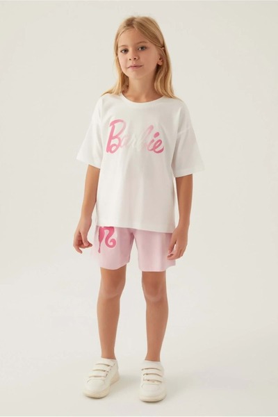 Barbie Lisanslı L1703 Patterned T-shirt Ve Şort Alt Üst Kız Çocuk Takımı Krem