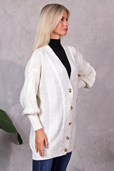 LUGMO Women's Knitwear Cardigan Acrylic Thread 80 cm Hair Braided Ecru (80cm)