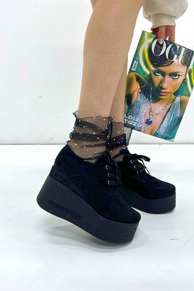 inizio Black Suede Wedge Heel Women's Shoes V4213