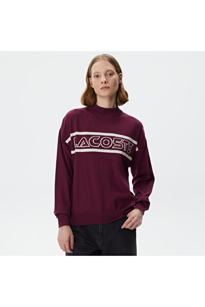 Lacoste Kadın Regular Fit Dik Yaka Baskılı Bordo Kazak