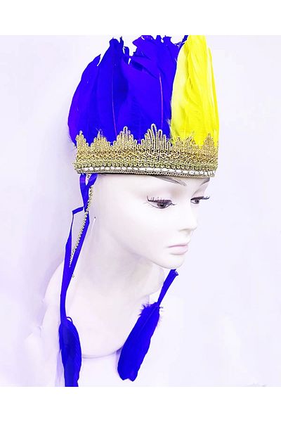 Mu Art Yellow Navy Blue Feather Native American Headdress| Fan Head