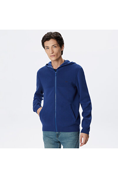 Lacoste Erkek Regular Fit Uzun Kollu Kapüşonlu Desenli Koyu Mavi Triko