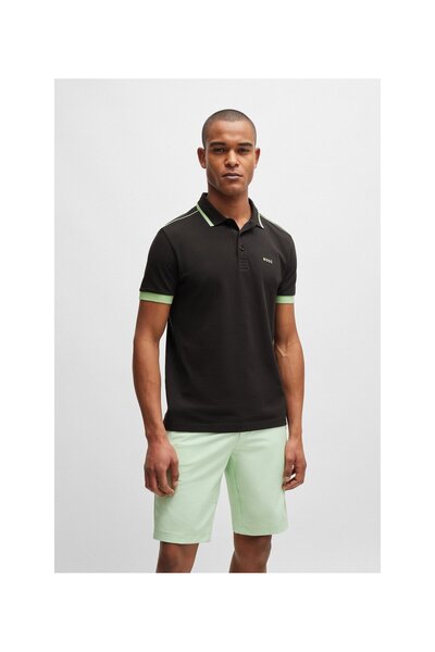 BOSS Zıt renk çizgili ve logolu pamuk-pike polo yaka tişört