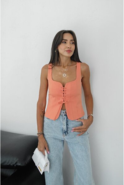 Havoş بلوزة سمك السلمون بياقة قلب - ربطة أمامية