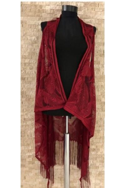 Osso Fashion Pareo Lace Vest Swimsuit Bikini with Leaf Pattern and Tassels Beach Dress - Burgundy
