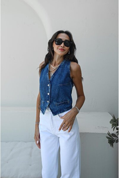 Havoş Σκούρο Μπλε - Τζιν Γιλέκο Fleto Pocket