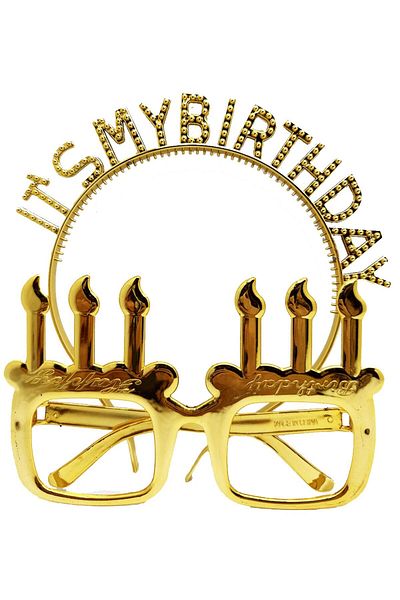 KAMELYA DESİGN It's My Birthday Written Crown and Candle Shaped Glasses Set Gold Color