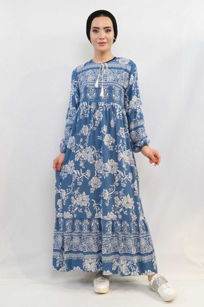 Mestore Fashionable line vintage pattern dress blue
