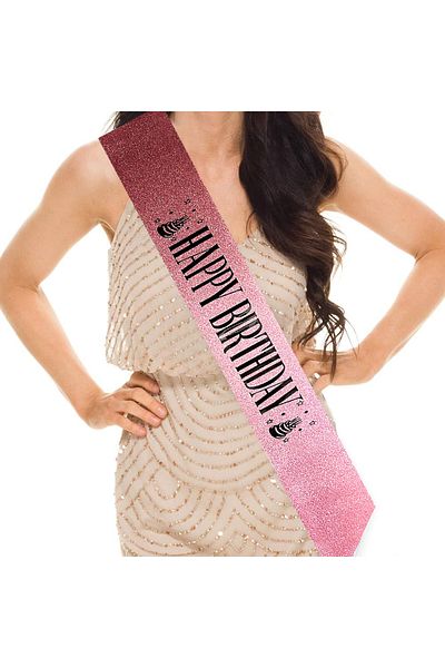 CEKAVE Glittery Sparkling Belt Belt with Black Large Happy Birthday Writing on Pink 10 cm Width