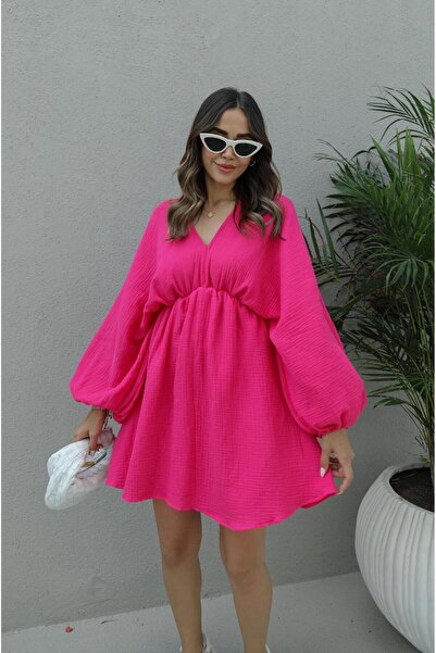 Havoş Φούξια Φόρεμα Μουσελίνας - Σχέδιο με λαιμόκοψη V