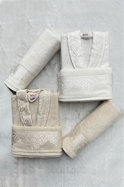 Fiesta Σετ Οικογενειακό Μπουρνούζι Cotton Jacquard - Μπεζ - Εκρού