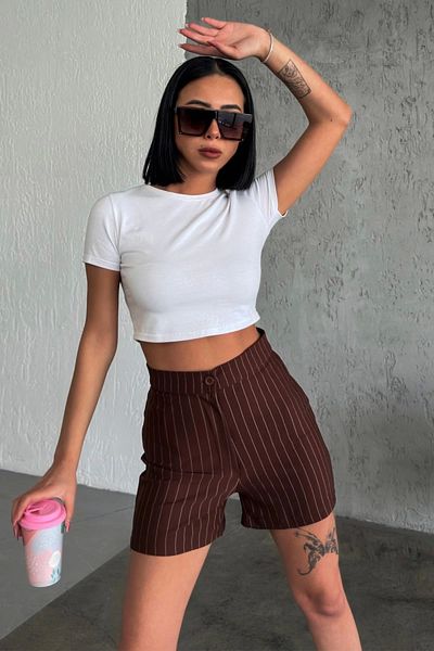 Lisinya High Waist Stretch Crepe Striped Shorts - Offering Elegant and Elegance Together, Brown