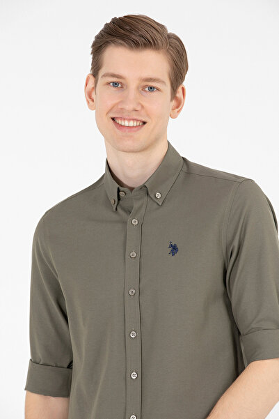 U.S. Polo Assn. Ανδρικό πουκάμισο Khaki - Μακρύ μανίκι, Basic Model 50265664-VR027