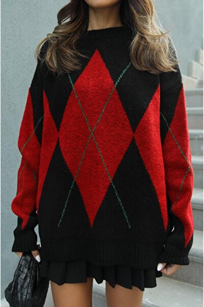 Havoş Black Red Diamond Patterned Sweater