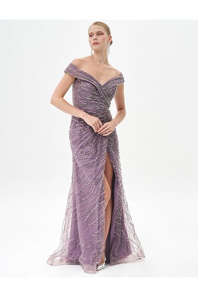 Kayra Lavender Boat Neck Deep Slit Evening Dress