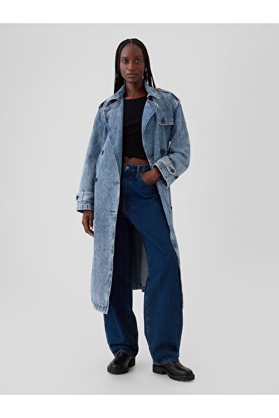 GAP Kadın Mavi Uzun Kesim İkon Denim Trençkot Ceket