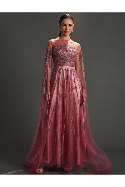 Kayra Dried Rose Embroidered Boat Neck Evening Dress