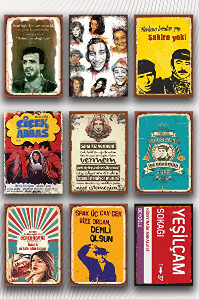 wonderlike 9 Parça Yeşilçam Temalı Ahşap Tablo Seti