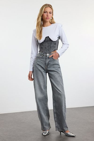 Trendyol Collection Graue Baggy-Jeans mit hoher Taille – Barrel TWOAW25JE00130