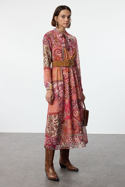 Trendyol Collection Ethnic Patterned Orange Maxi Chiffon Dress - Stand Collar and Lining Twoaw25El00196